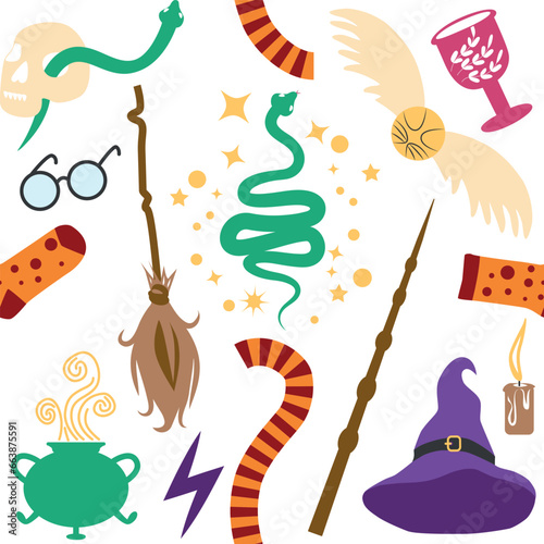 Witches school of magical objects seamless pattern in flat style photo
