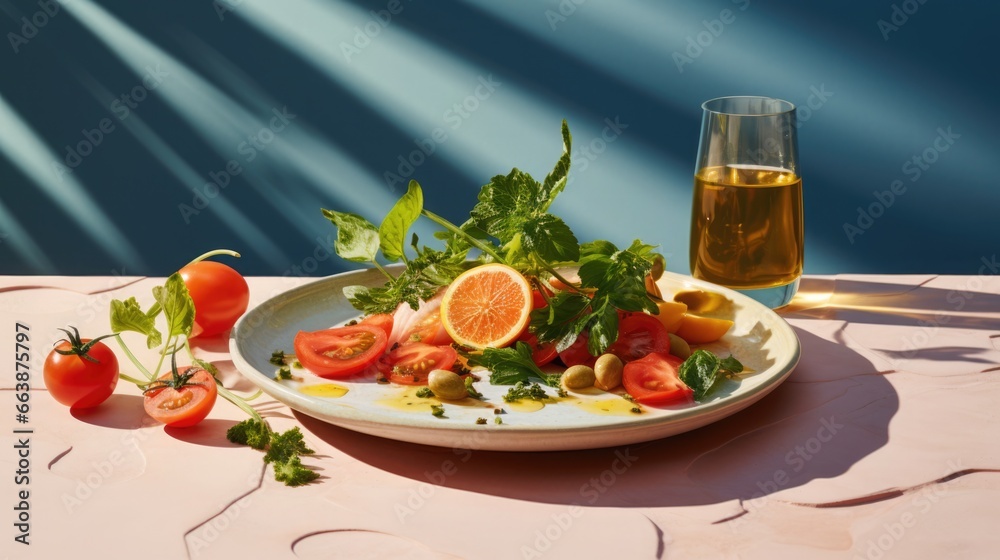 Healthy salad with tomato and citrus in Mediterranean style. Warm, orange sunlight filters through the window, highlighting the dish.