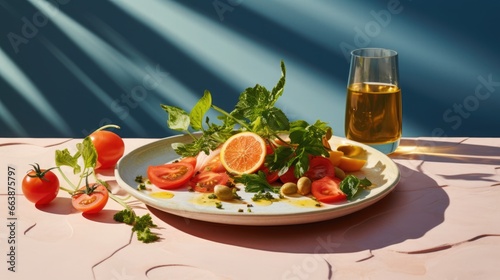 Healthy salad with tomato and citrus in Mediterranean style. Warm  orange sunlight filters through the window  highlighting the dish.