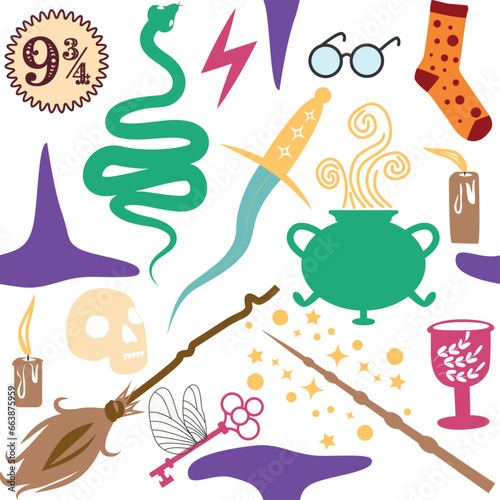 Quadro su tela Witches school of magical objects seamless pattern in flat style