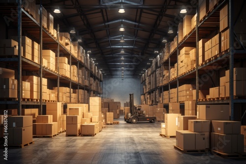 A large warehouse with multiple stacks of boxes, parcels, and a horizontal parcel shelf, lit by bulbs. Generative AI