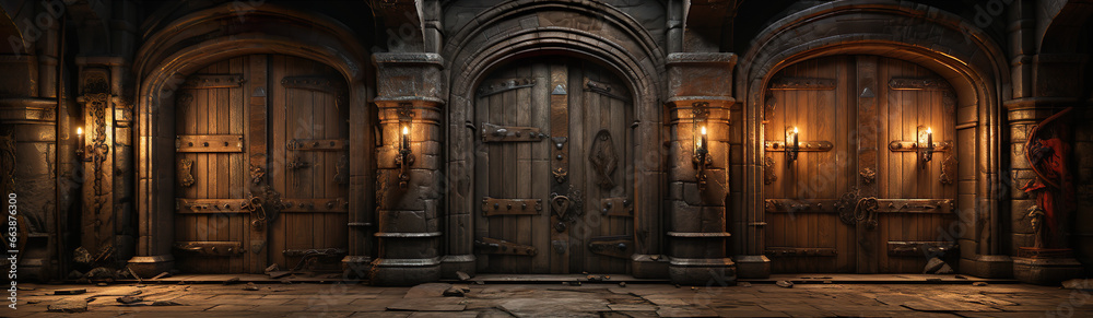 Wooden Doors Of An Ancient Medieval Castle.
 Illustration On The Theme Of History And Architecture, Fantasy And Fairy Tales. Generative AI - obrazy, fototapety, plakaty 