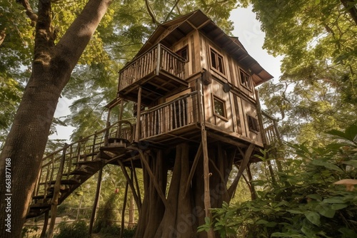 A beautiful wooden structure nestled in a tall tree with luxury amenities, offering a peaceful and unique getaway. Generative AI © Euphemia