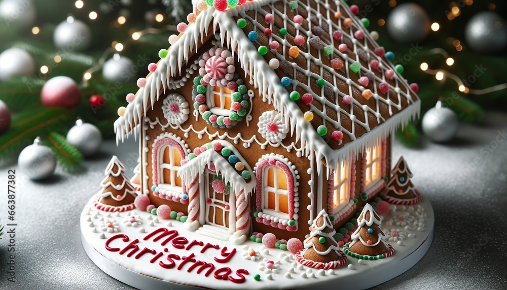 A meticulously crafted gingerbread house stands proudly, featuring vibrant candy embellishments. Atop its roof, 