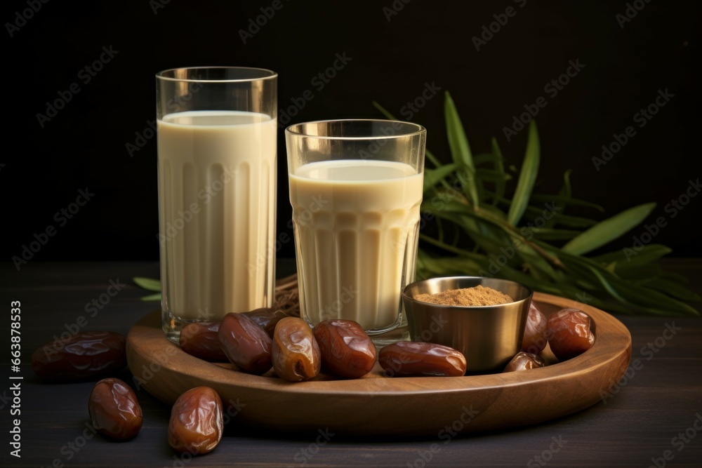Photo of ramadan fooddates palm. Food fruit nature arabian traditional. Generate Ai Photo of ramadan fooddates palm. Food fruit nature arabian traditional. Generate Ai