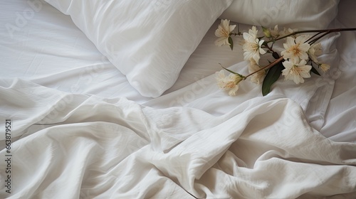 Flowers on a white sheet, bed top view. Generative AI