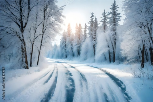 Freezing road in a snowy winter forest, snow and ice in nature, beautiful winter landscape © Dave