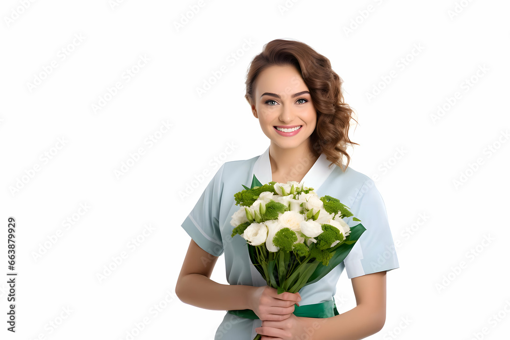 Professional advertising photo of a nurse with flowers boquite. High quality Professional advertising photo of a nurse with flowers boquite. High quality