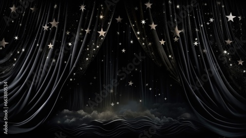 Sparkling stars on black background. Black Friday sale, Christmas, New Year concept. Festive elegant abstract dark glitter illustration.. © Oksana Smyshliaeva