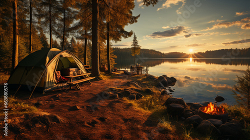 Camping and tent under the pine forest near the lake with beautiful sunlight. generative ai