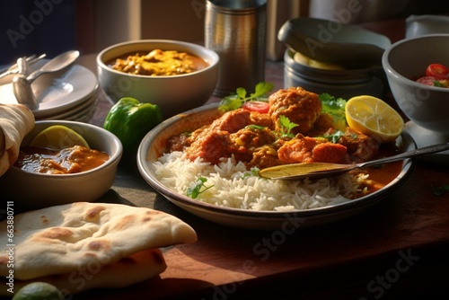 A delicious meal with curry, rice, naan bread, and condiments. Generative AI