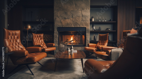 Brown leather chairs and grey sofa in room with fireplace.generative ai © Witri