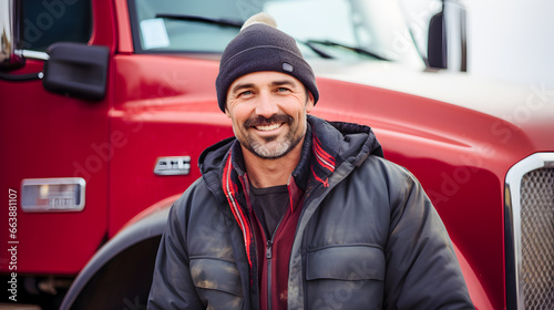 Portrait of caucasian white man semi truck driver standing in front of his red truck and smiling. Employment and labor day. Happy Labour Day.