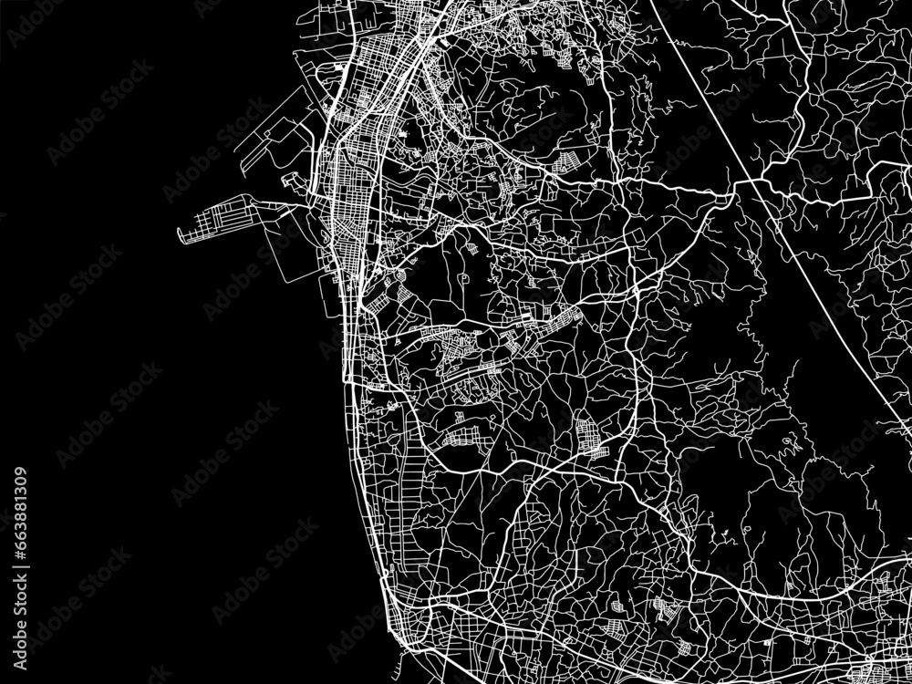Vector road map of the city of  Arao in Japan with white roads on a black background.