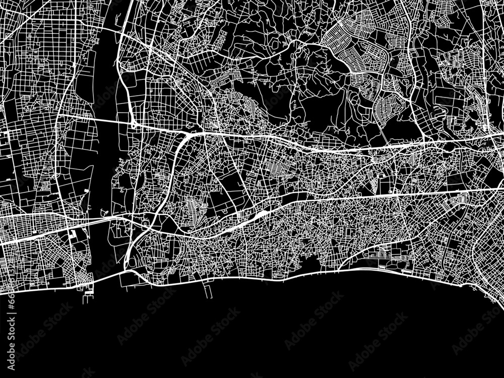 Vector road map of the city of  Chigasaki in Japan with white roads on a black background.