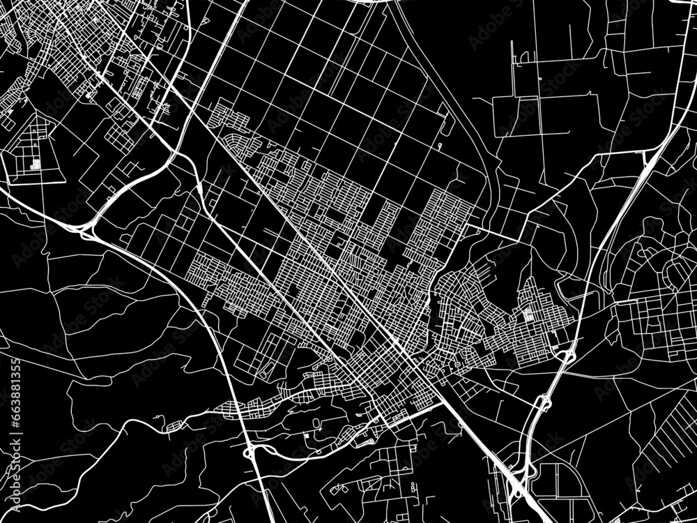 Vector road map of the city of  Chitose in Japan with white roads on a black background.