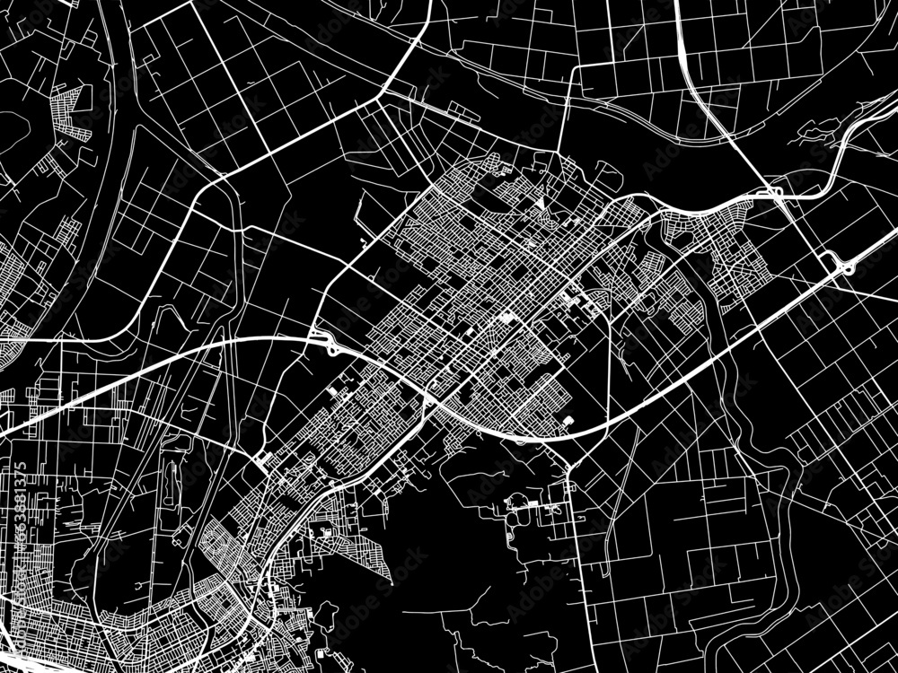 Vector road map of the city of  Ebetsu in Japan with white roads on a black background.