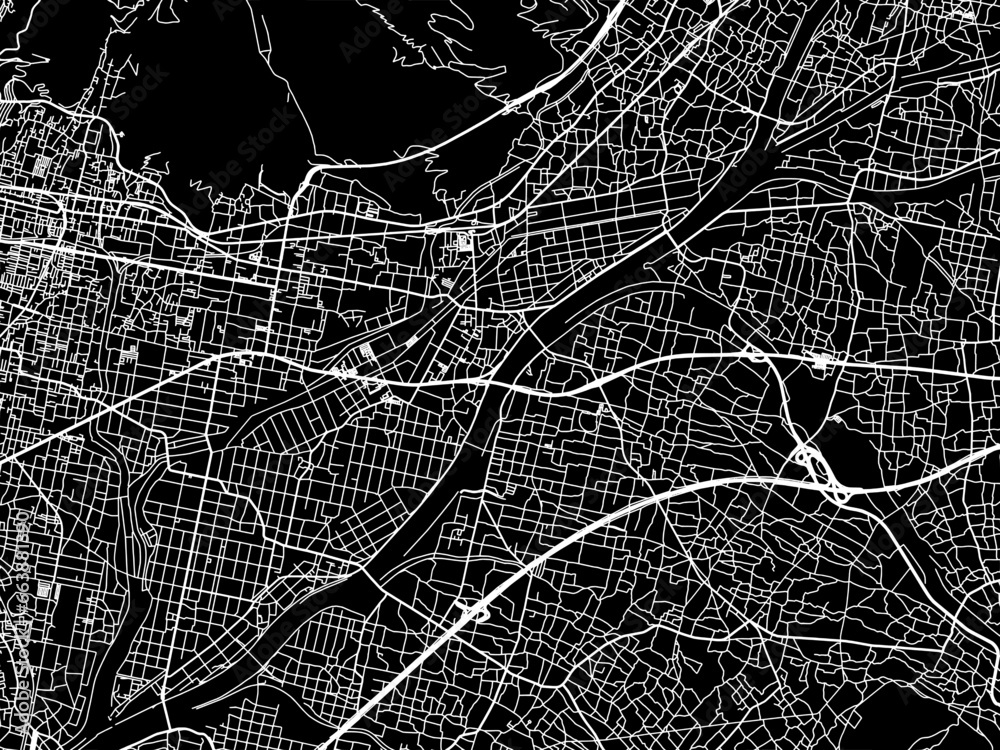 Obraz premium Vector road map of the city of Fuefuki in Japan with white roads on a black background.