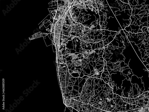 Vector road map of the city of Arao in Japan with white roads on a black background.