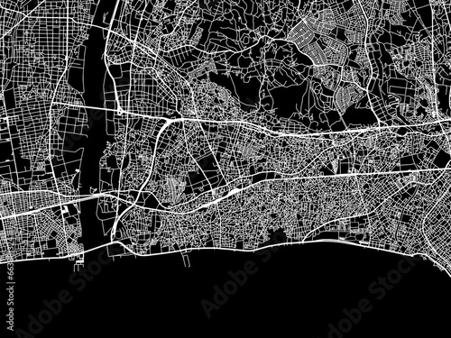 Vector road map of the city of  Chigasaki in Japan with white roads on a black background. photo
