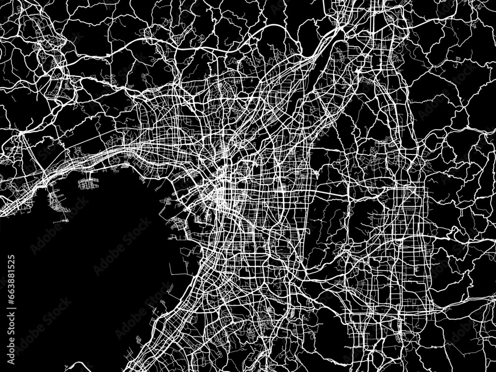 Vector road map of the city of  Greater Osaka in Japan with white roads on a black background.