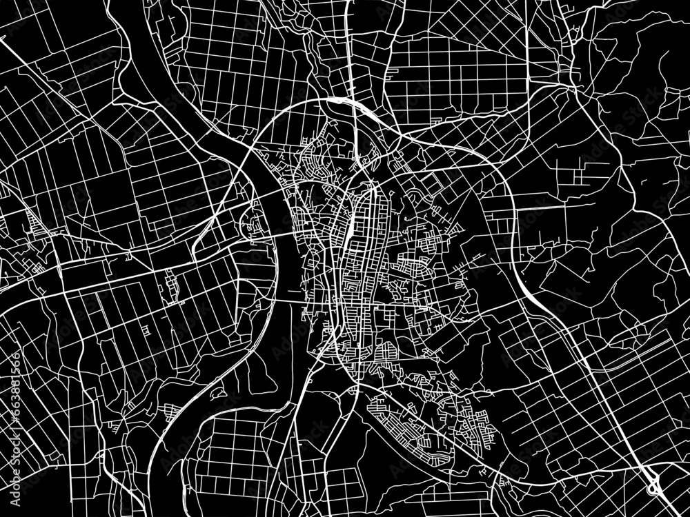 Vector road map of the city of  Goshogawara in Japan with white roads on a black background.