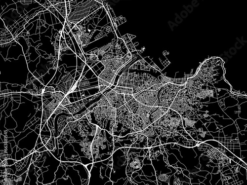 Vector road map of the city of Hachinohe in Japan with white roads on a black background.