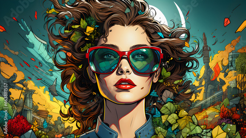 Illustration abstract pop art portrait of brunette curly woman with red lips wearing sunglasses.