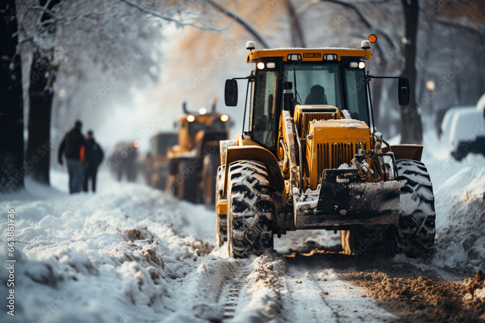 a dependable tractor alongside a cadre of snow removal vehicles, demonstrates synergy between machinery and equipment