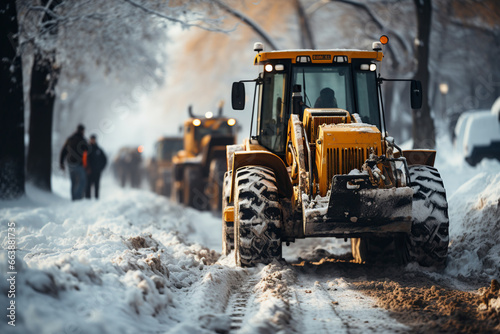 a dependable tractor alongside a cadre of snow removal vehicles, demonstrates synergy between machinery and equipment