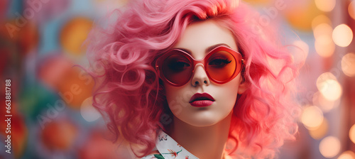 Beautiful young woman with pink hair and pink sunglasses portrait