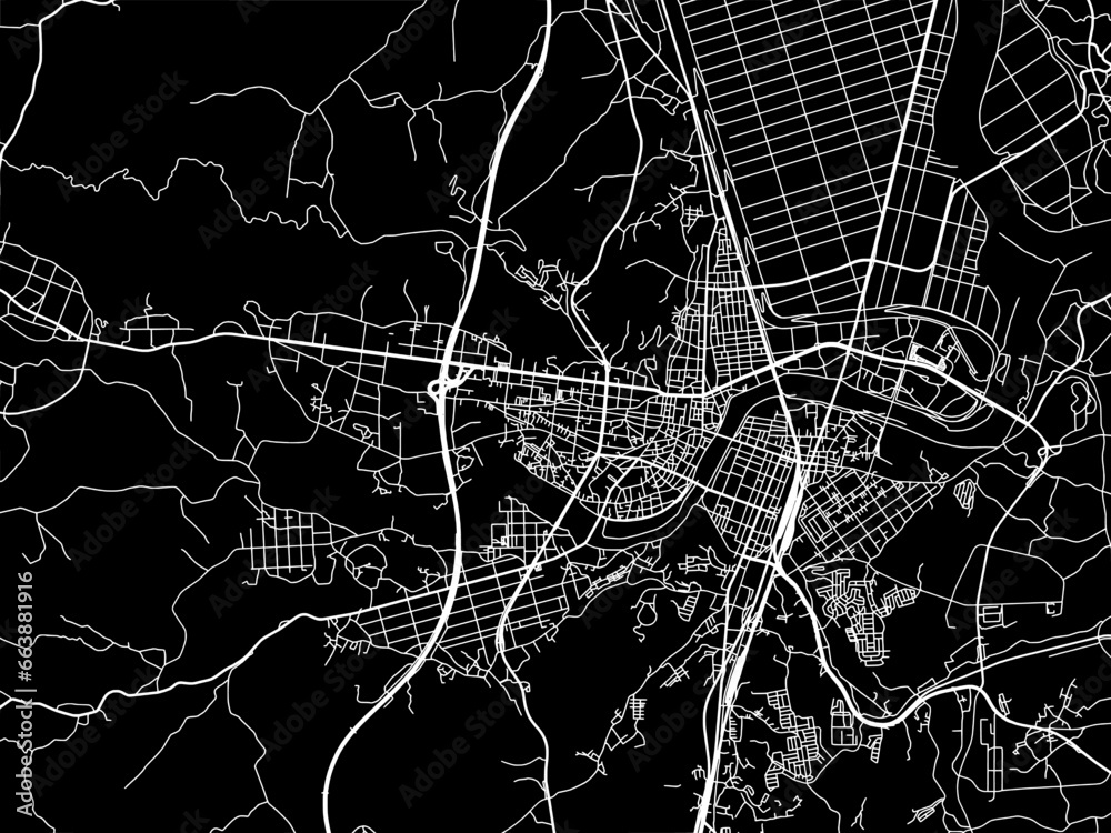 Vector road map of the city of  Ichinoseki in Japan with white roads on a black background.
