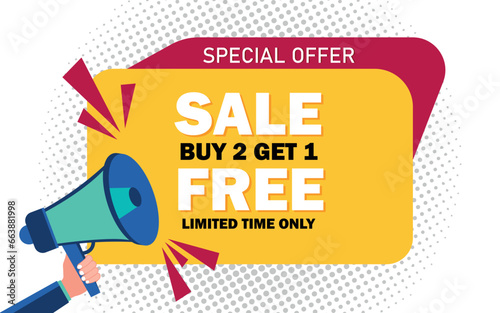 Buy two get one free, sale banner, discount tag design template vector illustration