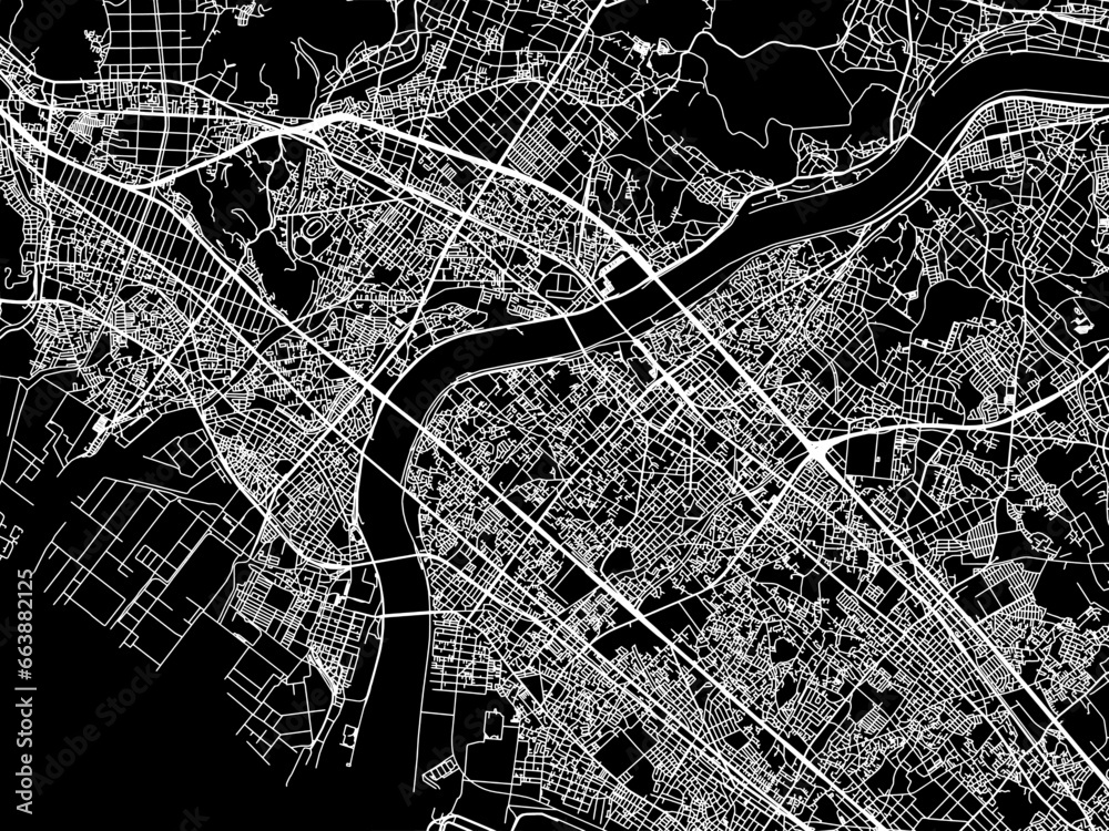 Vector road map of the city of  Kakogawacho-honmachi in Japan with white roads on a black background.