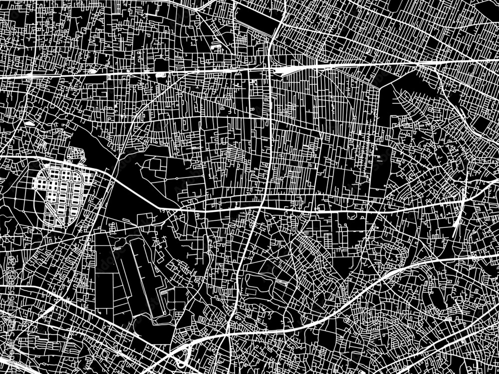 Vector road map of the city of  Kamirenjaku in Japan with white roads on a black background.