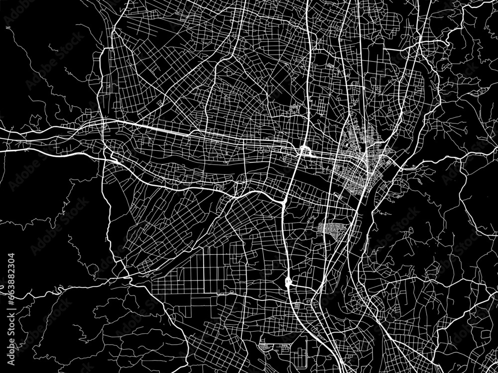 Vector road map of the city of  Kitakami in Japan with white roads on a black background.