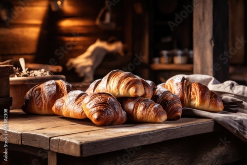Freshly baked pastries in a rustic bakery setting.