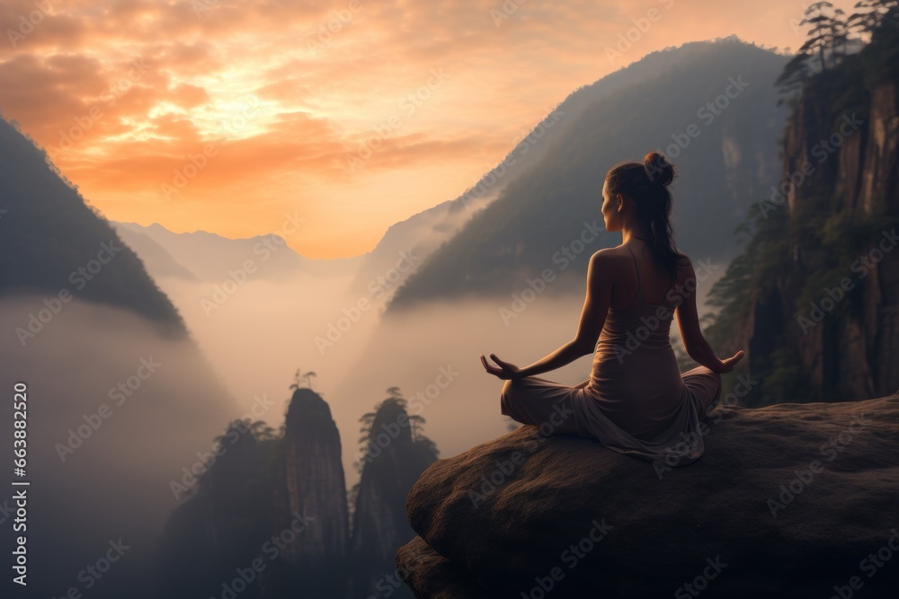 Woman practicing yoga on a serene mountain cliff.