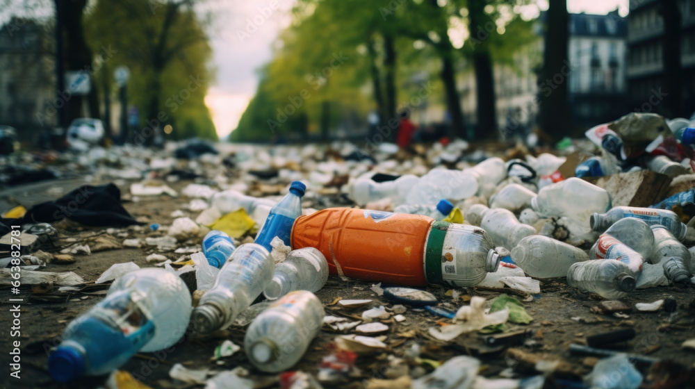 Fototapeta premium déchets humains dans la nature, plastiques et ordures ménagères