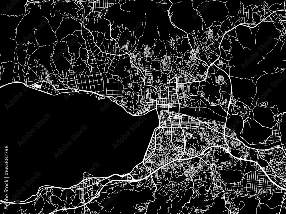 Vector road map of the city of  Matsue in Japan with white roads on a black background.
