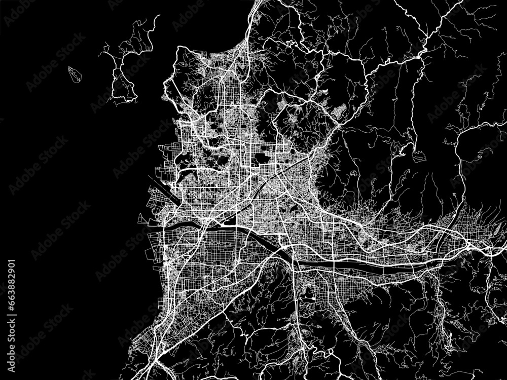 Vector road map of the city of  Matsuyama in Japan with white roads on a black background.