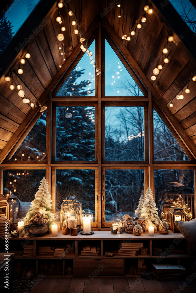 Obraz premium Christmas window closeup in rustic attic room