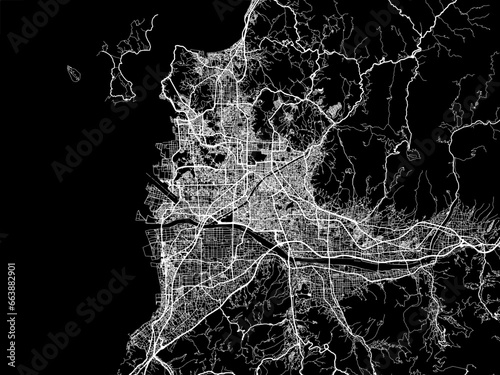 Vector road map of the city of Matsuyama in Japan with white roads on a black background.