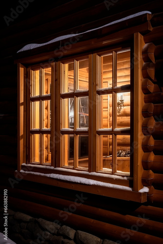 snowy window in wooden house at christmas