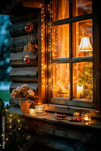 Close-up large window of wooden house at Christmas time