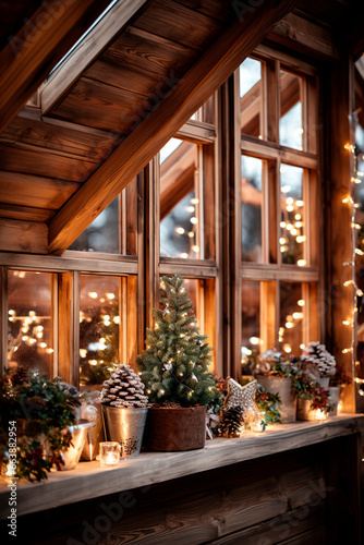 christmas decorations in the window of the attic window