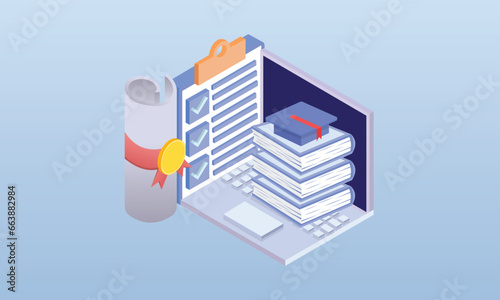 High pile of books on which lies the bachelor's cap.on blue background.3D design.isometric vector design Illustration.