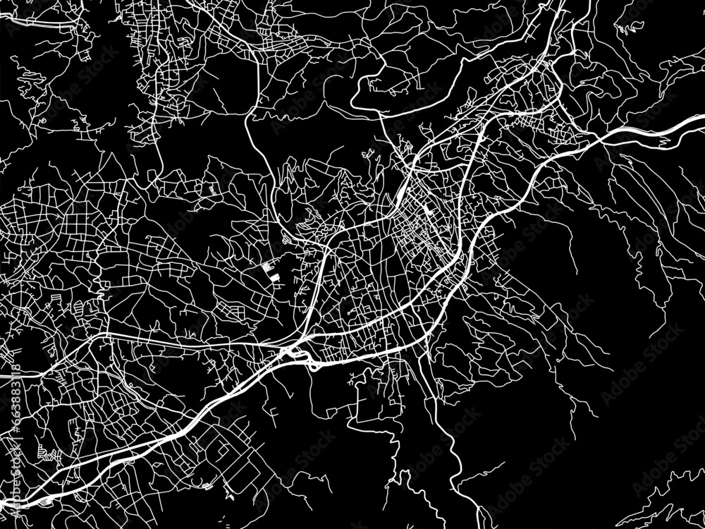 Vector road map of the city of  Nakatsugawa in Japan with white roads on a black background.