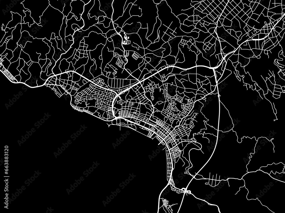 Vector road map of the city of  Nago in Japan with white roads on a black background.