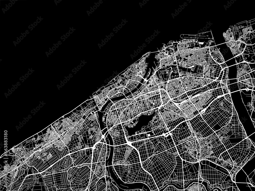 Vector road map of the city of  Niigata in Japan with white roads on a black background.